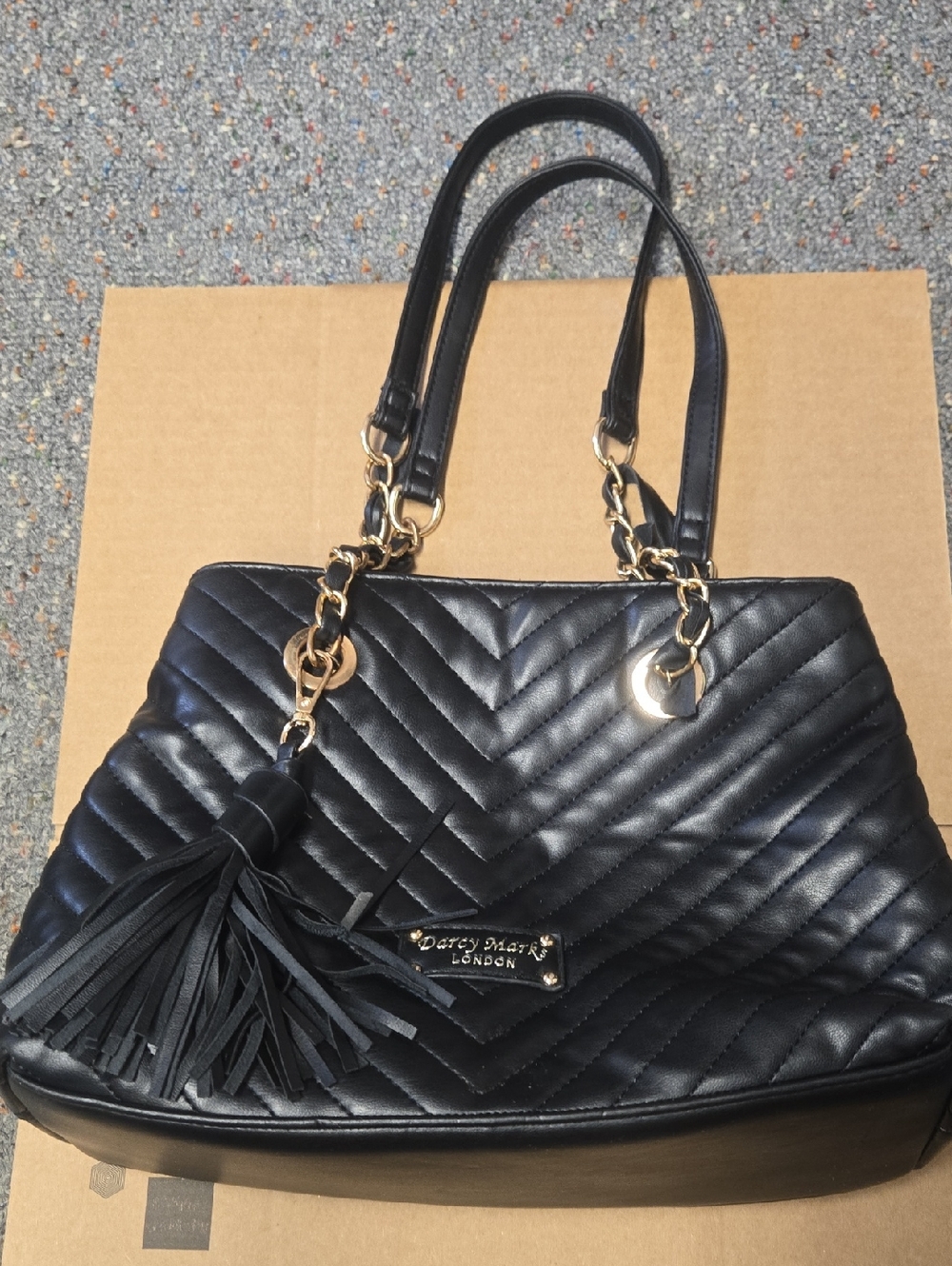 DARCY MARKS London Black Quilted Shoulder Bag with Tassel and Gold Hardware